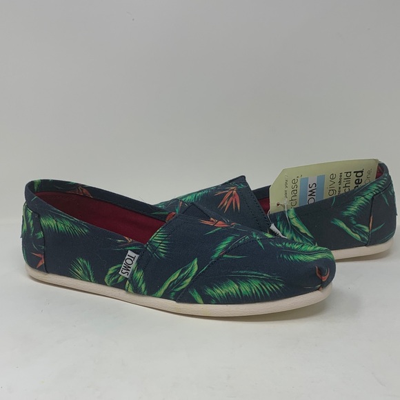TOMS Leaf Print Loafers Birds of Paradise Navy Canvas Size 6.5 Women’s - Picture 1 of 5
